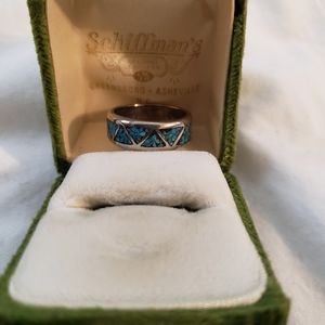 Navajo Native American Sterling Silver Turquoise Inlay Ring Size 7.5